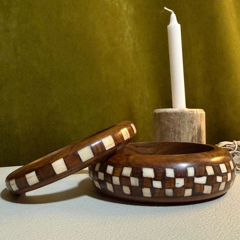 Handcrafted Wooden Checkered Vintage Boho Wooden Bangle Bracelets Chunky Pearl